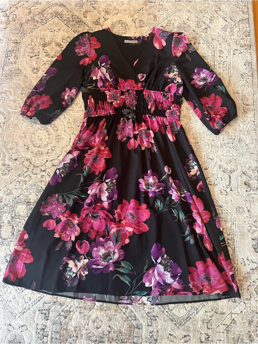 Feminine  Midi Dress with Short Sleeves Pink & Purple Floral Print